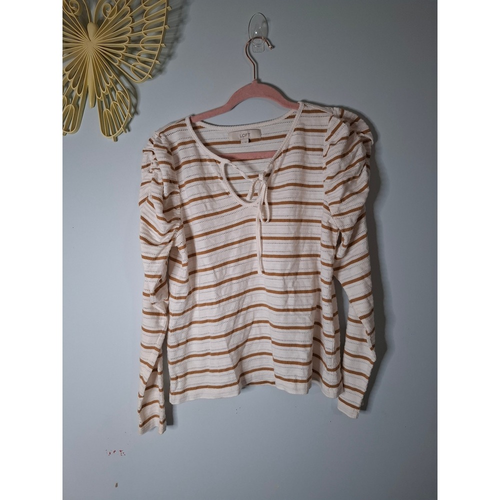 LOFT Striped Puff Sleeve Tie Front Cotton Pointelle Top White Tan Small